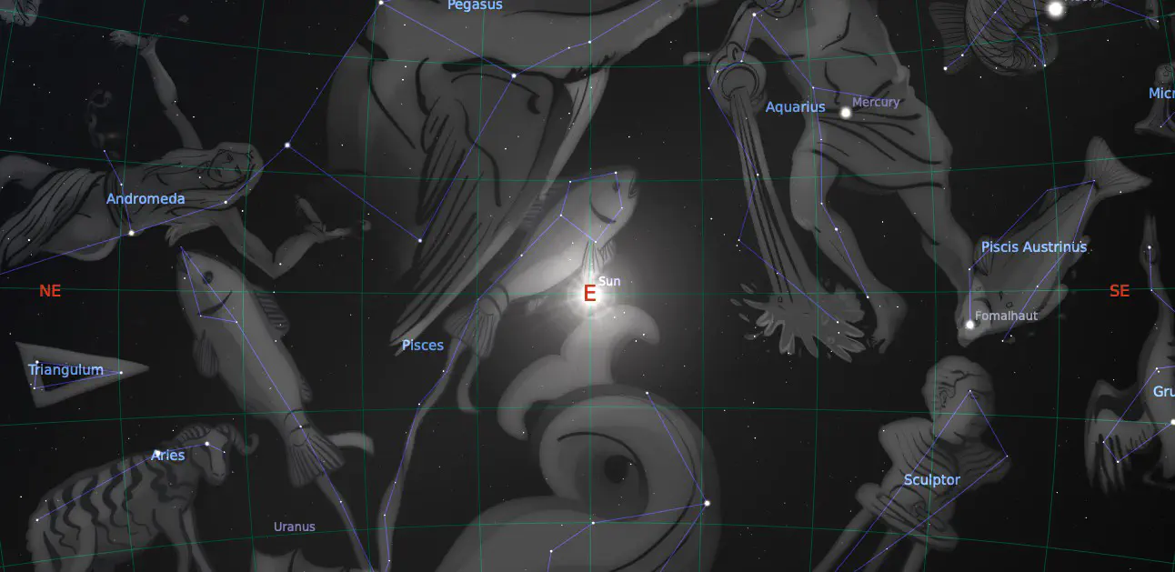 Fig. 2 - Vernal equinox on the 20th of March 2020 due east, taken with Stellarium